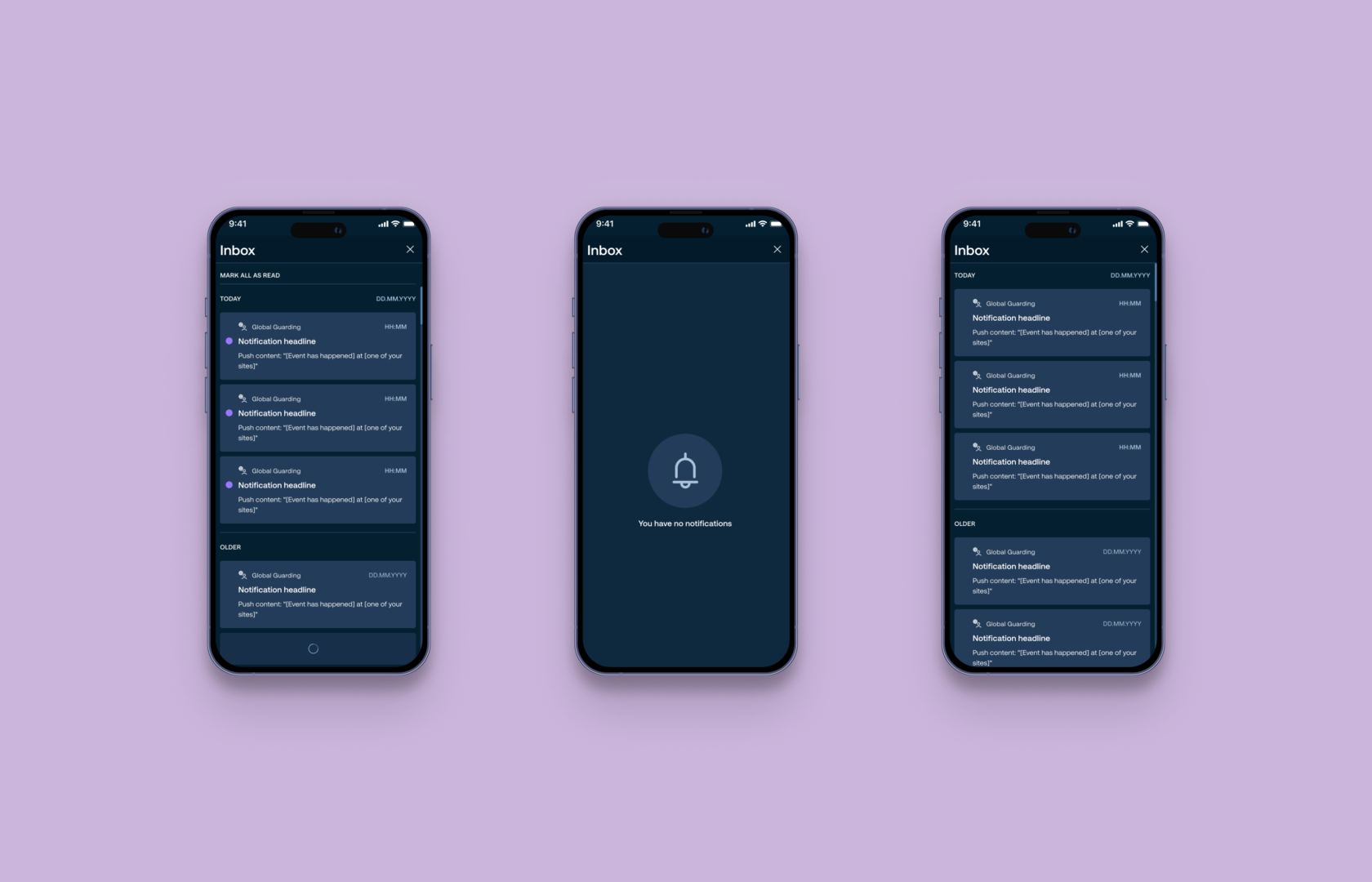 Mobile notifications xl Various states of the notification inbox on the smallest breakpoint of the web app (and in the application). Loading notifications, no notifications available, all notifications were marked as read.